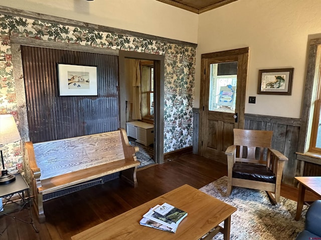 sitting room with dark hardwood / wood-style floors and ornamental molding