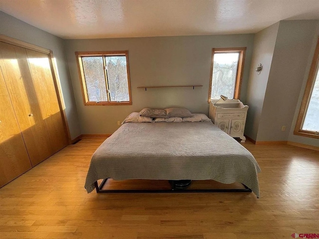 bedroom with light hardwood / wood-style floors and a closet