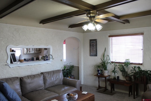 living room featuring beamed ceiling, ceiling fan, and carpet flooring