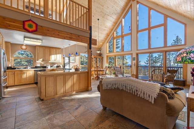 kitchen featuring hanging light fixtures, wood ceiling, stainless steel appliances, and high vaulted ceiling