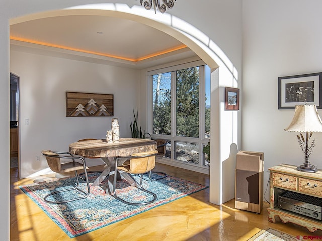 dining room featuring a tray ceiling