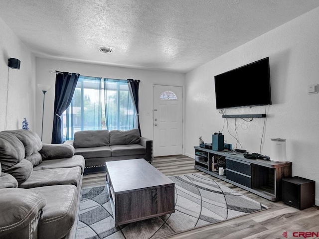 living room featuring a textured ceiling and light hardwood / wood-style flooring