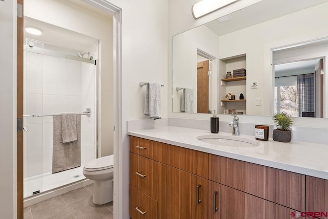 full bathroom with vanity, a shower stall, toilet, and tile patterned floors