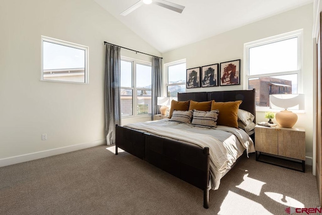 carpeted bedroom with lofted ceiling, ceiling fan, and baseboards