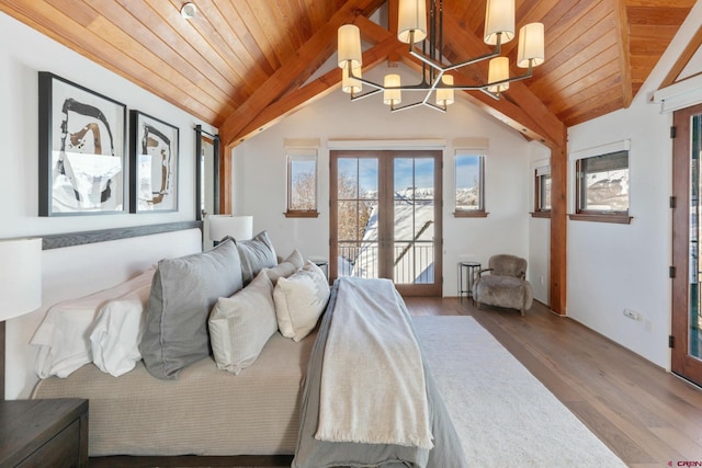 bedroom featuring french doors, access to outside, wood-type flooring, a chandelier, and vaulted ceiling with beams