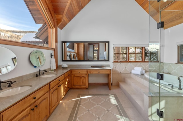 bathroom featuring tile patterned flooring, vanity, vaulted ceiling with beams, and wood ceiling