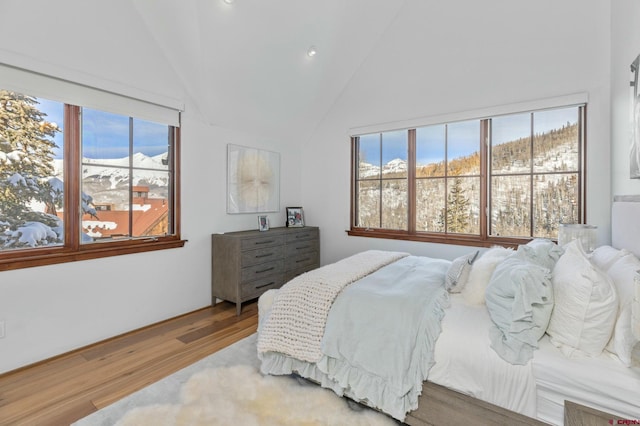 bedroom featuring multiple windows, wood-type flooring, and lofted ceiling