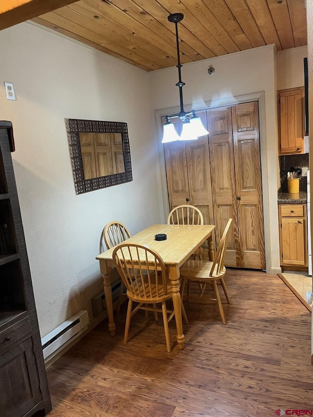 dining area with baseboard heating, dark hardwood / wood-style flooring, and wood ceiling