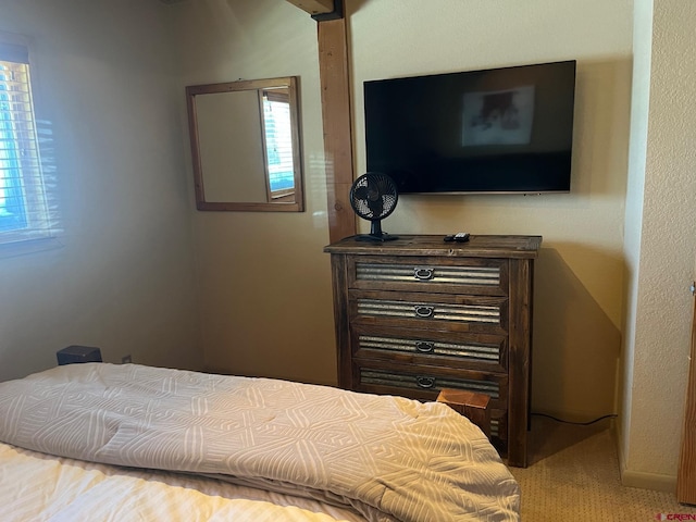 bedroom featuring light colored carpet