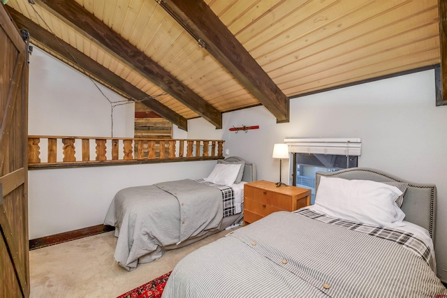 carpeted bedroom with vaulted ceiling with beams and wood ceiling