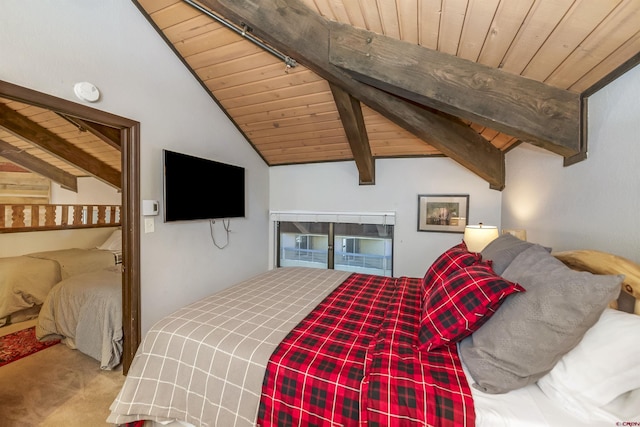 carpeted bedroom with vaulted ceiling with beams and wooden ceiling