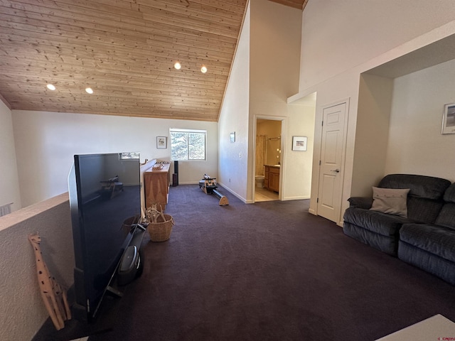 living room with carpet floors, wood ceiling, and high vaulted ceiling