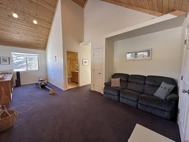 living room featuring carpet flooring, high vaulted ceiling, and wood ceiling