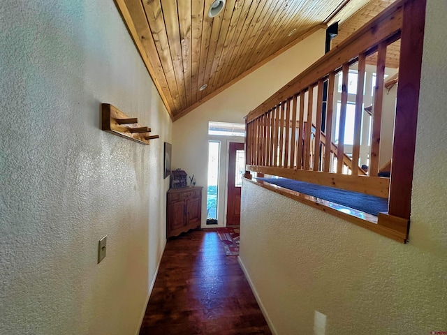 corridor with dark hardwood / wood-style flooring, wood ceiling, and vaulted ceiling