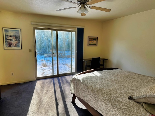 carpeted bedroom featuring ceiling fan and access to exterior