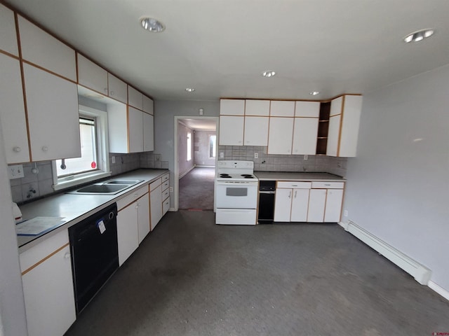 kitchen featuring dishwasher, sink, baseboard heating, white range with electric cooktop, and white cabinets