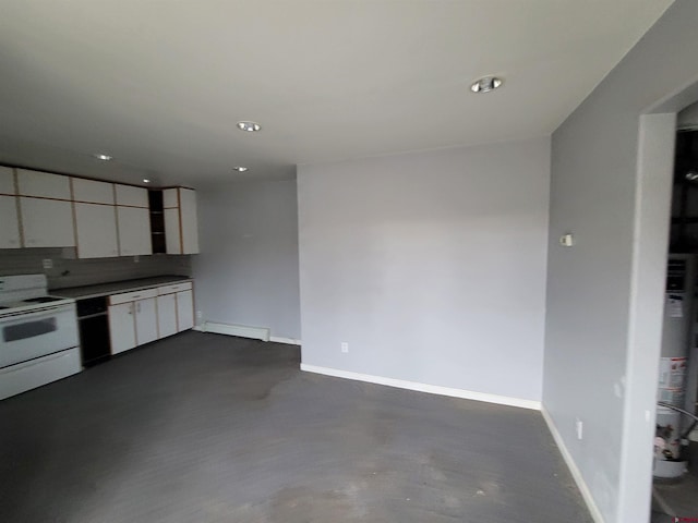 kitchen with white cabinetry, electric stove, backsplash, and a baseboard heating unit