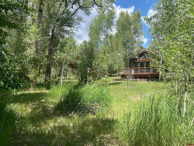 view of yard featuring a wooden deck