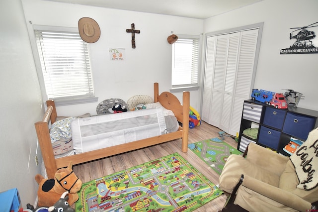 bedroom featuring wood-type flooring and a closet