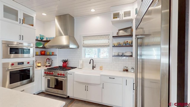 kitchen featuring white cabinets, tasteful backsplash, island exhaust hood, and appliances with stainless steel finishes