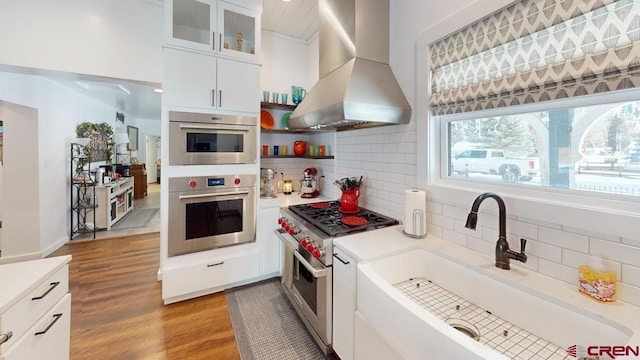 kitchen with stainless steel appliances, island exhaust hood, light wood-type flooring, white cabinetry, and sink