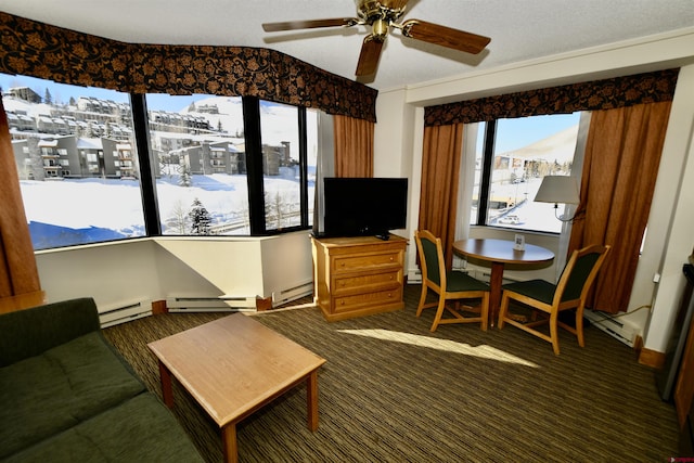 sunroom / solarium featuring ceiling fan and a baseboard radiator