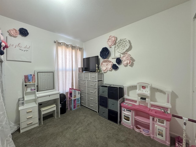 interior space featuring dark colored carpet