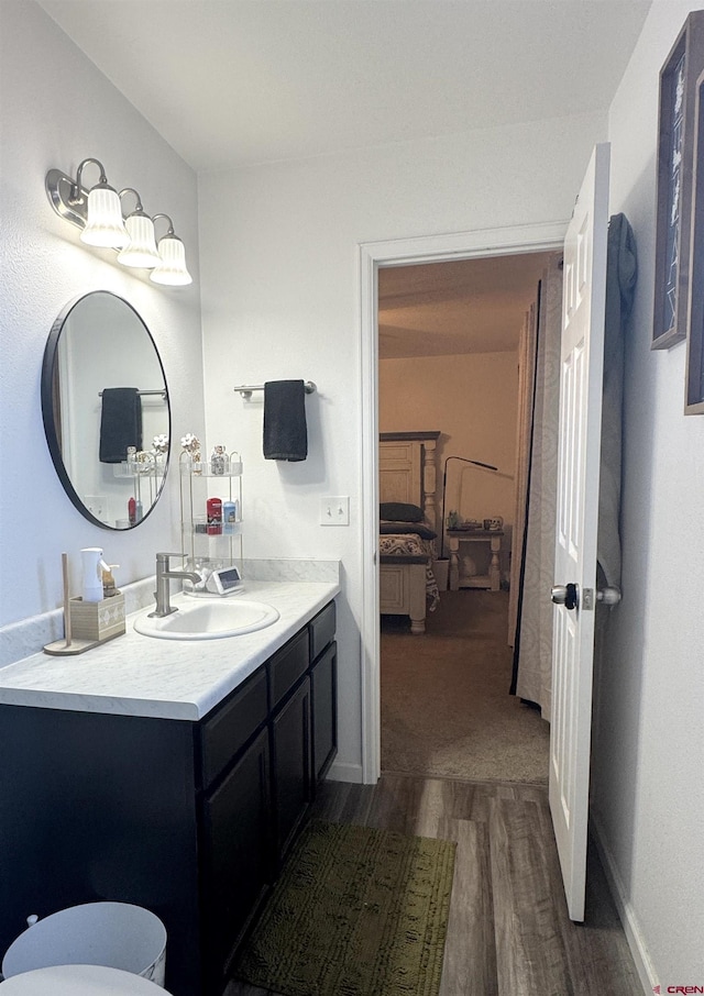 bathroom with hardwood / wood-style floors and vanity