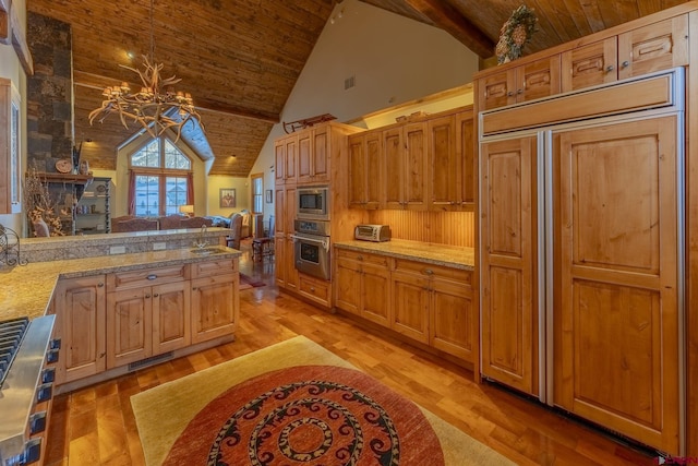 kitchen featuring built in appliances, a notable chandelier, light hardwood / wood-style flooring, high vaulted ceiling, and wood ceiling