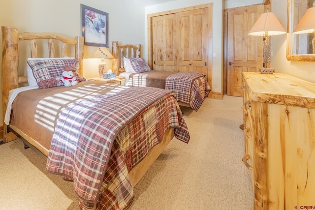 bedroom with a closet and light carpet