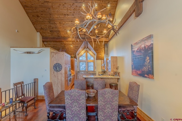 dining area featuring lofted ceiling, hardwood / wood-style floors, a chandelier, and wooden ceiling