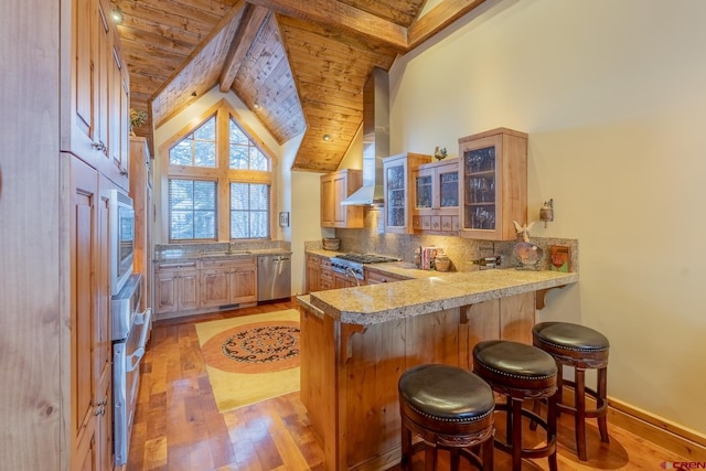 bar with wood ceiling, appliances with stainless steel finishes, lofted ceiling with beams, decorative backsplash, and wall chimney range hood