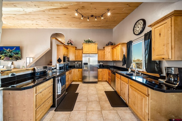 kitchen featuring appliances with stainless steel finishes, wood ceiling, sink, kitchen peninsula, and light tile patterned flooring