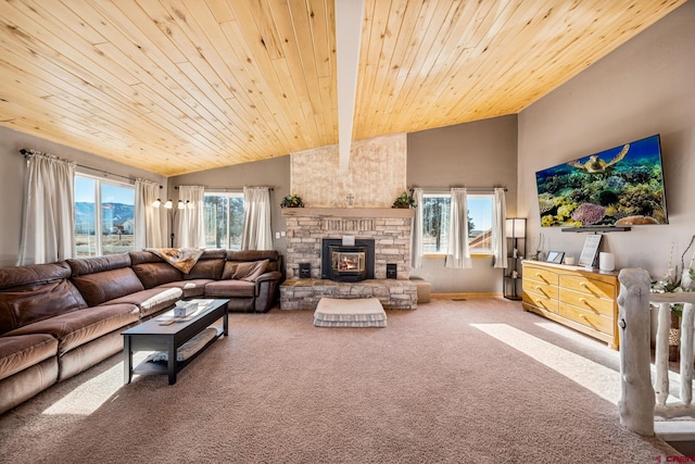 living room featuring lofted ceiling, wood ceiling, a wood stove, and carpet flooring