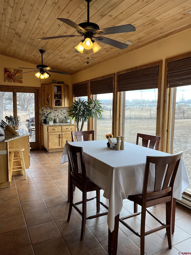 tiled dining room featuring wooden ceiling, plenty of natural light, and ceiling fan