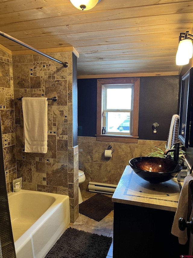 full bathroom featuring a baseboard heating unit, wooden ceiling, tile walls, and vanity