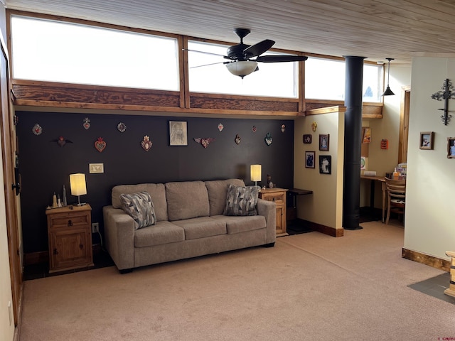 living room with ceiling fan and light colored carpet