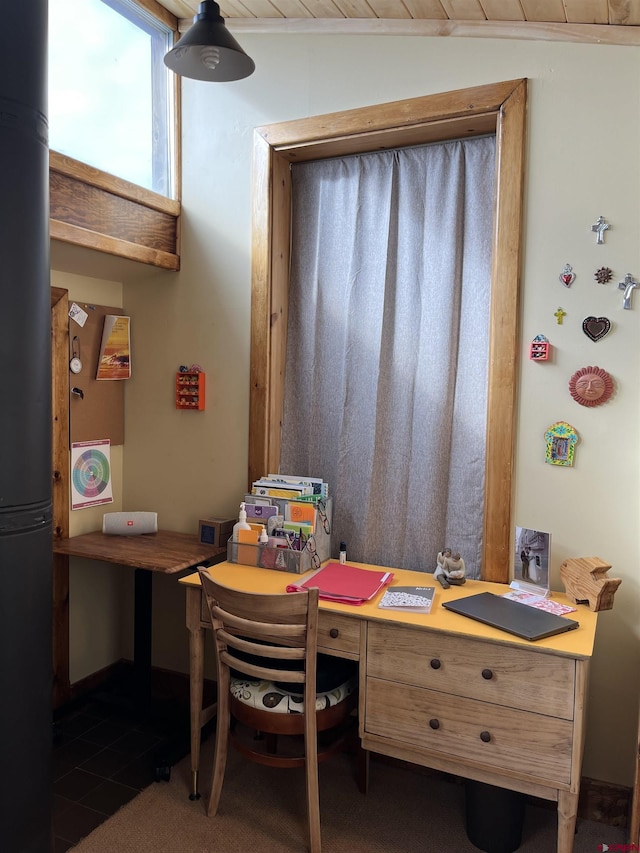 home office featuring lofted ceiling and wood ceiling