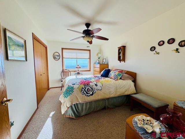 carpeted bedroom with ceiling fan and a closet