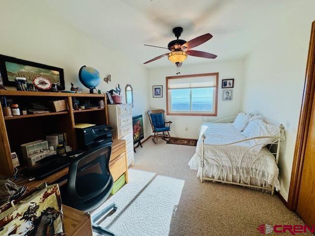 bedroom with ceiling fan and carpet floors