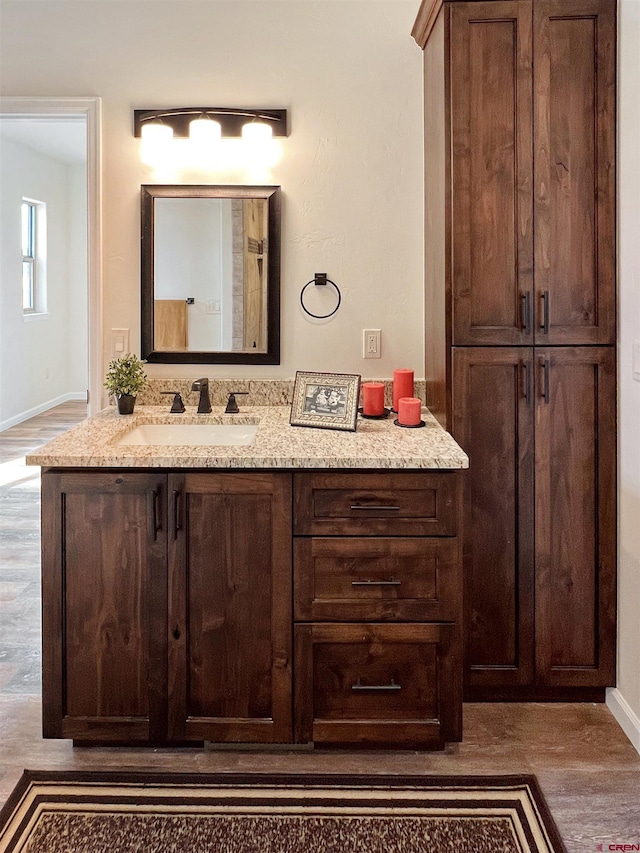 bathroom with wood-type flooring and vanity