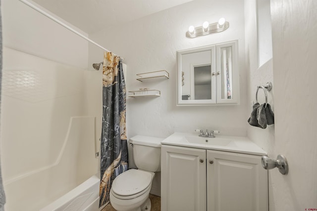 full bathroom with toilet, shower / tub combo, and vanity