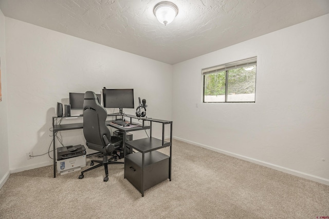 carpeted office space with a textured ceiling