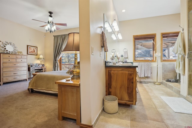 bedroom featuring ceiling fan and light colored carpet