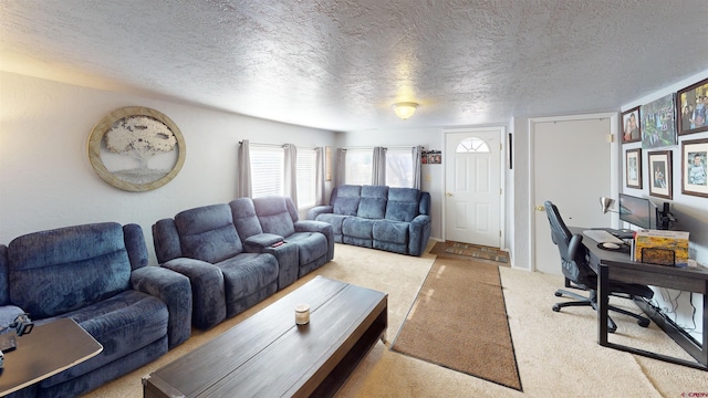 living room featuring a textured ceiling and light carpet