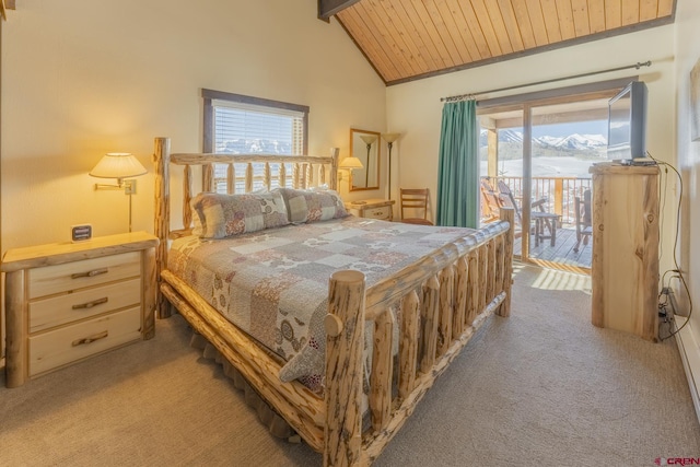 bedroom featuring wood ceiling, light carpet, access to outside, high vaulted ceiling, and beam ceiling