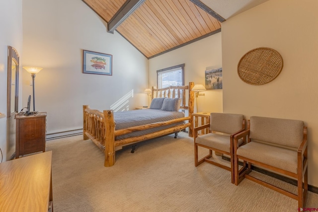 bedroom with a baseboard heating unit, light carpet, beamed ceiling, high vaulted ceiling, and wooden ceiling