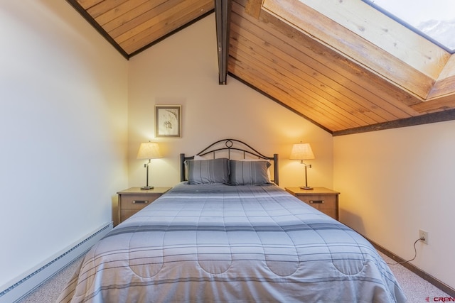 bedroom with carpet, wooden ceiling, lofted ceiling with skylight, and a baseboard radiator