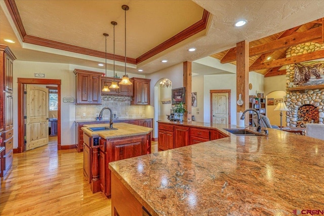 kitchen featuring sink, a tray ceiling, a center island with sink, and light wood-type flooring