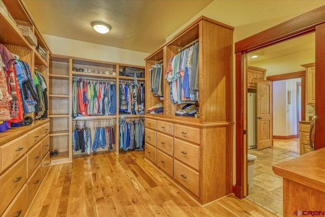 walk in closet with light wood-type flooring